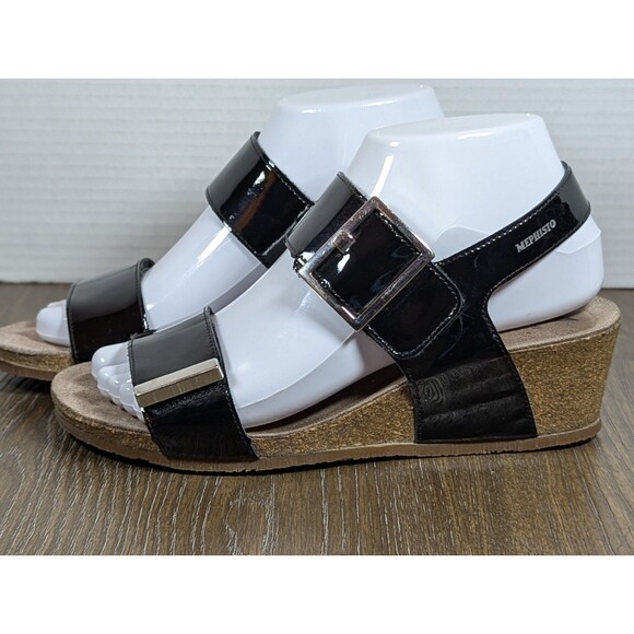 MEPHISTO Patent Leather Strap Sandals US 6.5-7 EU 37 Black Wedges Buckle Logo - Picture 2 of 14